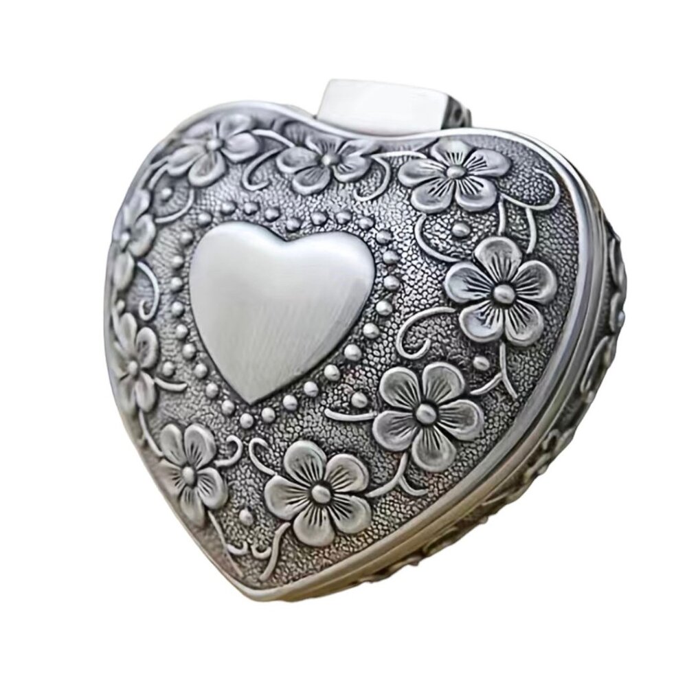 Heart-Shaped Floral Metal Trinket Box With Velvet Lining 2" Small Keepsake Jewel